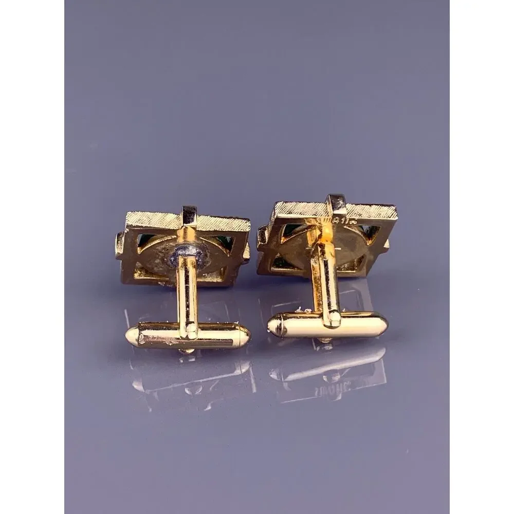 Green Jade Nephrite Stone Cufflinks Gold Plated Open Frame Square Swank Vintage